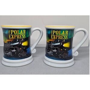 The Polar Express Coffee Mug Set 2 Piece Blue Aurora Borealis Train Ceramic Cup